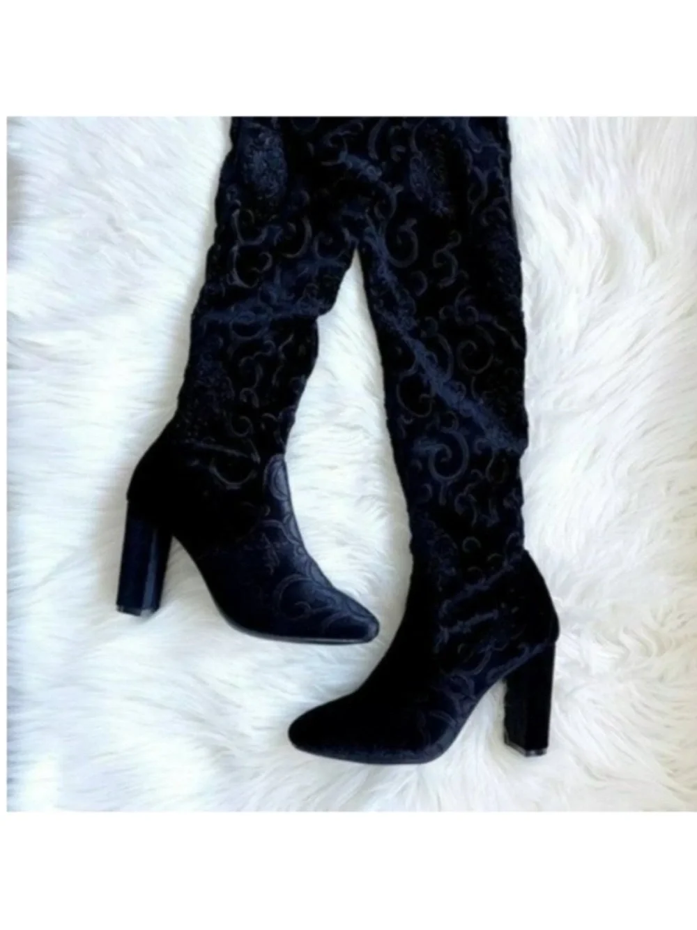 Black embroidered over the knee boots chunky block heel velvet